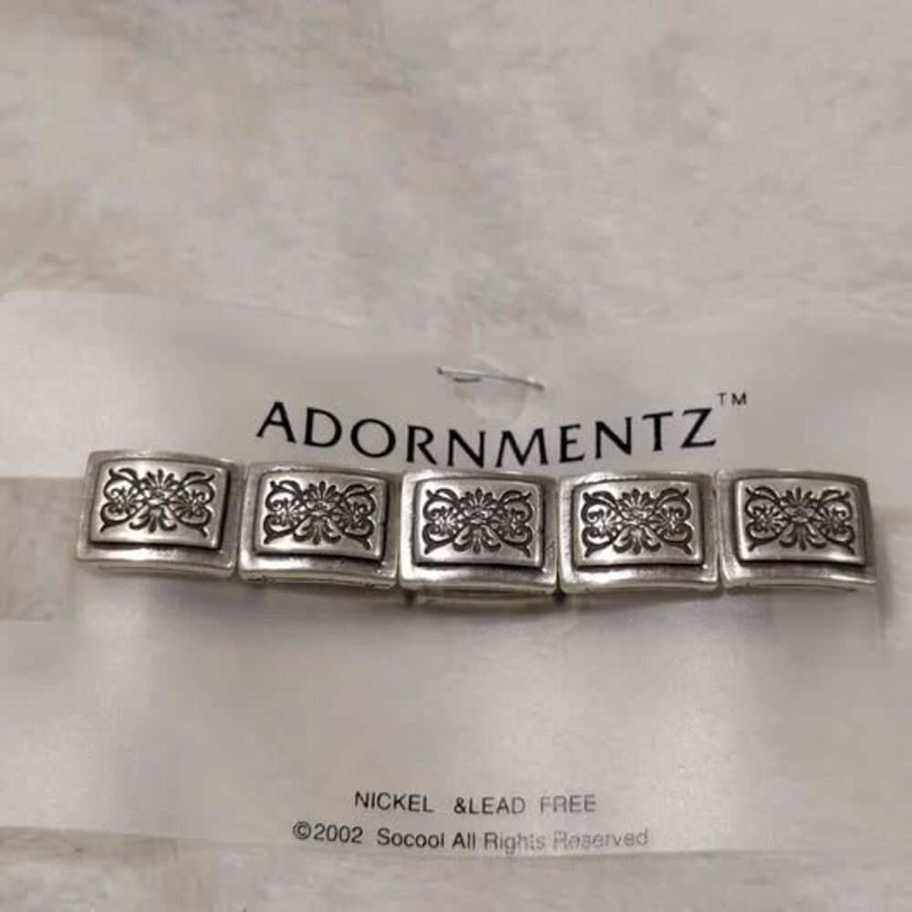 NWT Adornmentz Silver Tone Floral Scroll Embossed Stretch Panel Bracelet